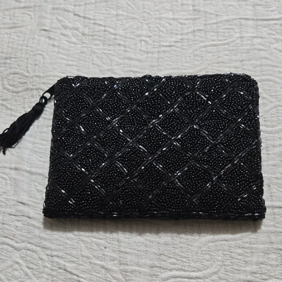 Lancome Black Beaded Mini Clutch 6 x 4 Inches - Picture 1 of 4